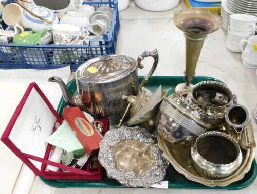 Various silver plated ware, teapot, flared specimen vase, various other silver plated ware,...