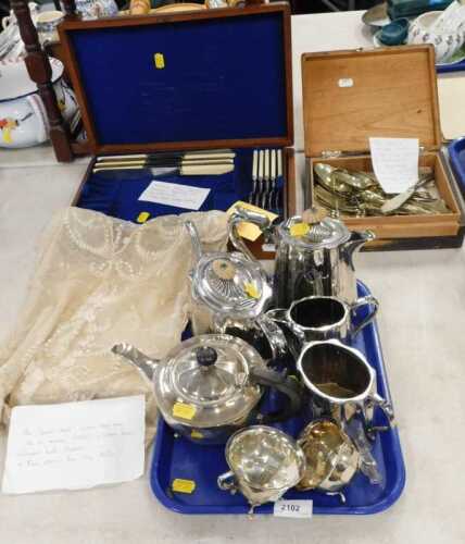 Various silver plated ware, three part bachelor's tea service, part canteen of cutlery with...