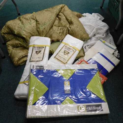 Various worked and other linen, throw, various Suresta sheets in part original packaging, etc....