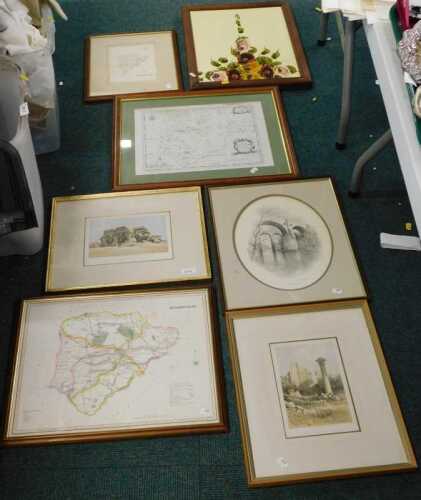 Various pictures, prints, frames, landscape, David Roberts print, and others, bookplates, etc....