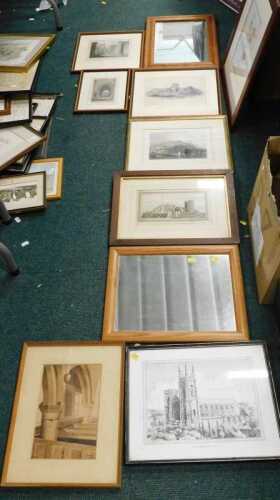 Pictures, prints, frames, a 19thC maple framed mirror, a quantity of bookplates, etc. (a quantity)