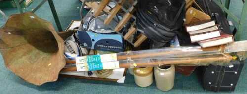 Various collectable items and effects, gramophone horn, wine rack, rugby ball, curtain poles,...