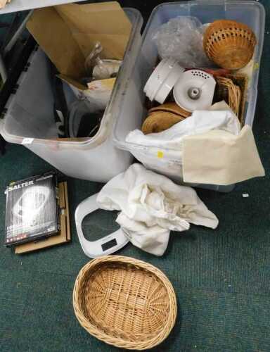 Various household wares, dishes, Charlotte juicer, small quantity of linen, wicker items, etc....