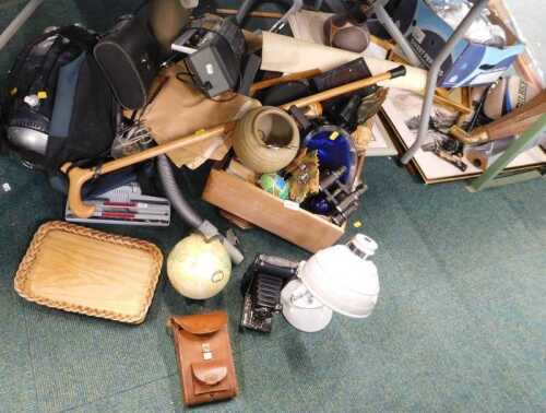 Various items, camera case, lamps, globe, vacuum cleaner, binoculars, ephemera, pictures, prints,...