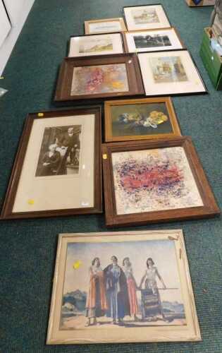 Various prints, pictures, frames, a quantity of landscapes, oil on board, various other items, etc.