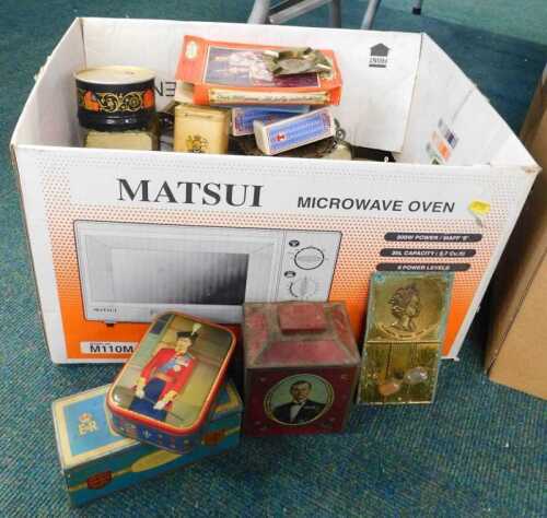 Various Royal commemorative tins, brassware, other metalware, etc. (1 box)