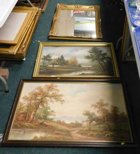 Brough (20thC). Continental landscape, calm stream and cottage with trees, oil on board, signed,...