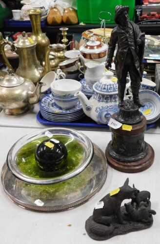 A spelter figure of a gentleman, on plinth base, various other glassware, paperweight bowl,...