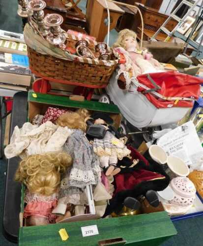 Various dolls, collectable dolls, basket, pram, etc. (a quantity)