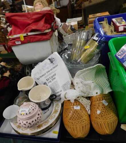 Various glassware, carved clogs, Royal commemorative plates, various other drinking glasses,...