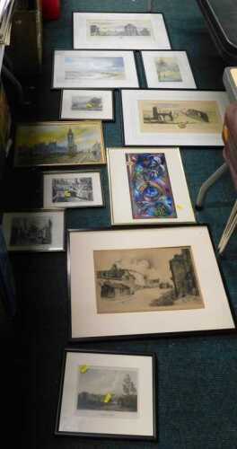 Various prints, pictures, frames, seascape, watercolour, unsigned, other 20thC School, mirrors,...