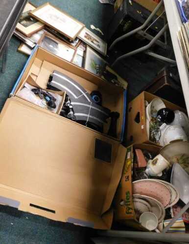 Various homewares, books, Scalextric, case, transfer printed wares, Royal commemorative wares,...