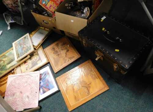 A pressed part studded trunk, with part metal outline, various drinking glasses, Chinese...