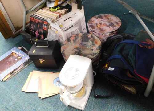 Various canvas carrying cases, records, popular music, Stevie Wonder Uptight, various others,...