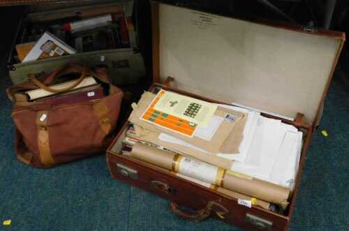 A brown leather travel case, containing a quantity of books, ephemera, etc., two further travel...
