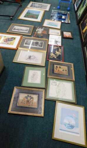 Various prints, pictures, maps, late maps, oriental pictures, prints, landscape, mirror, limited...
