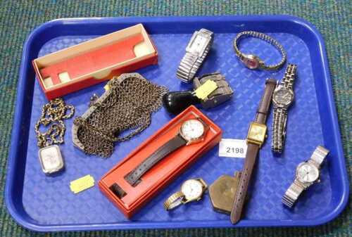 Various jewellery and collectors items, library stamp, chain mail purse, wristwatches to include...
