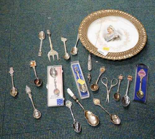 Various commemorative and other spoons, decorative plate, mother-of-pearl handled preserve spoon,...