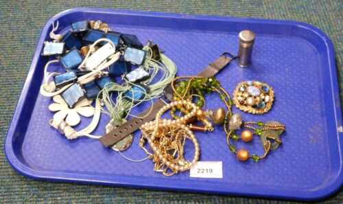 Various costume jewellery and effects, enlarged Geneva wristwatch, faux pearls, costume brooch,...