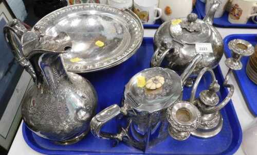 Various silver plated ware, EPBM, etc., teapot, two branch candelabrum, dish with swing handle,...