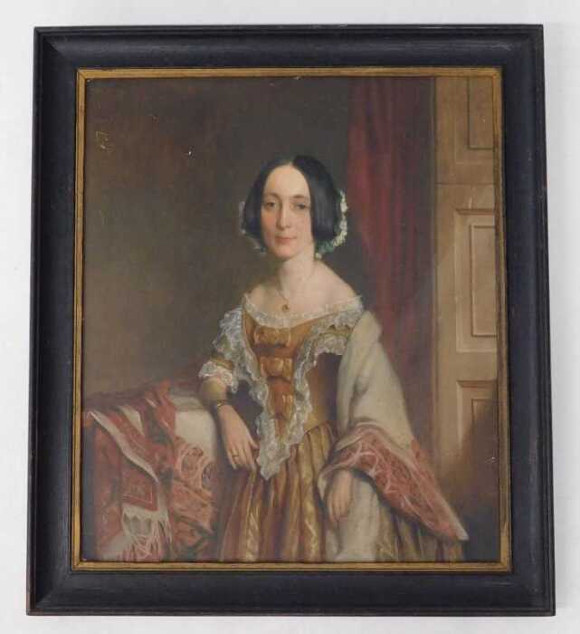 19thC School. Portrait of Eleanor Thornton, standing wearing finery ...