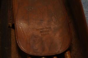 *A Dring & Fage wood and brass sectional measuring dip rod in leather pouch - 2