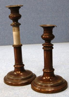 *A pair of 19thC turned metal telescopic candlesticks