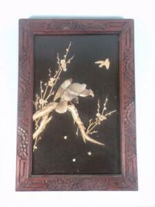 A pair of 19thC Japanese lacquer panels of eagles on a branch set within carved frames - 2