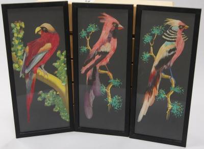 Three feather decoupage pictures of exotic birds