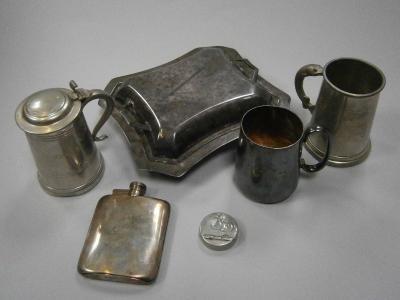 An EPNS entree dish with an EP hip flask and other pieces.