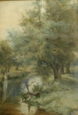 Ethel Nisbet. Rural river scene with over hanging trees