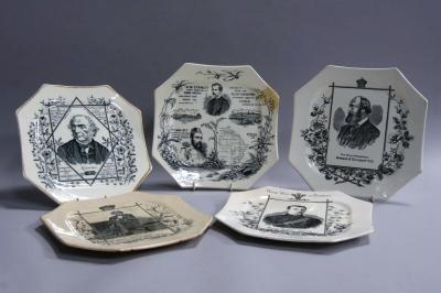 Ten octagonal plates with Victorial transfer prints of Victorian gentleman of note.