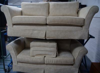 A pair of Multi-York sofas and box stool