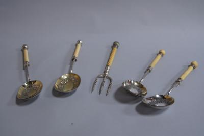 Five various ivory handled electro plate servers.