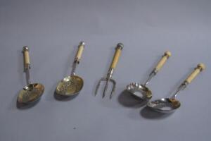 Five various ivory handled electro plate servers.