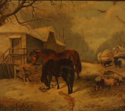 Two oak framed colour lithographs of cattle and horses.