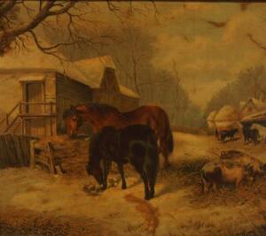 Two oak framed colour lithographs of cattle and horses.
