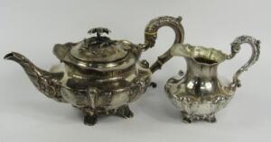 A William IV silver teapot and cream jug