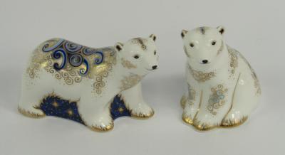 A pair of Royal Crown Derby Imari porcelain paperweights modelled as the Boris & Alice Polar Bear Cu
