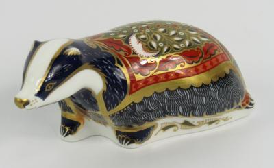 A Royal Crown Derby Imari porcelain paperweight modelled as the Moonlight Badger