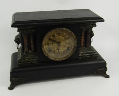 An American faux slate and marble mantel clock