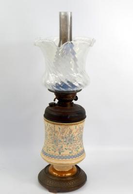 A J Hinks brass and stoneware oil lamp
