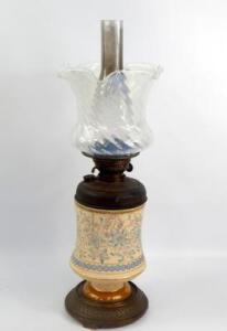 A J Hinks brass and stoneware oil lamp