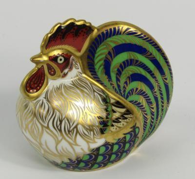 A Royal Crown Derby Imari porcelain paperweight modelled as the Farmyard Cockerel