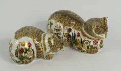 Two Royal Crown Derby Imari porcelain paperweights modelled as the Clover Cat and Lavender Kitten
