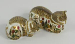 Two Royal Crown Derby Imari porcelain paperweights modelled as the Clover Cat and Lavender Kitten