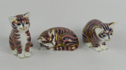 Three Royal Crown Derby Imari porcelain paperweights modelled as the Kitten Sleep Kitten and Kitten