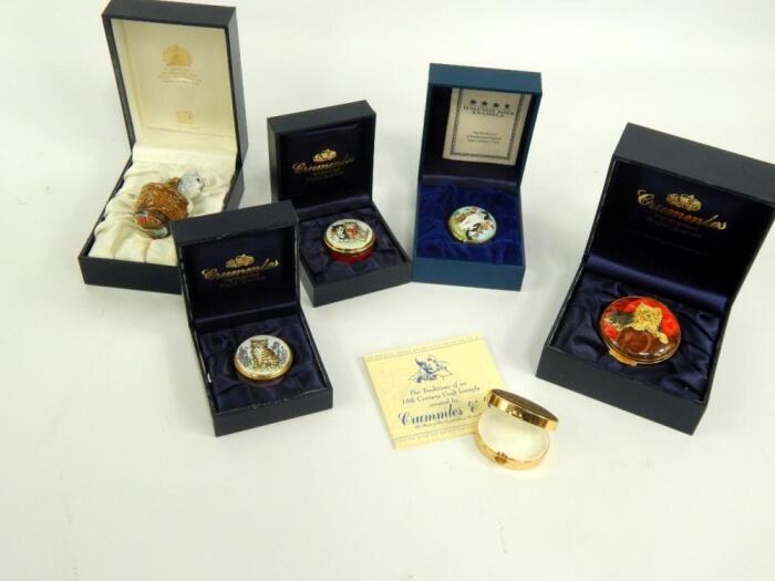 Five Crummles enamel boxes decorated with cats