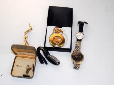 A Sekonda wristwatch, possibly Russian issue, Limit stainless steel cased gentleman's tank wristwatch, two lady's dress wristwatches, Sekonda skeleton hunter&nbsp;cased pocket watch and a pair of gentleman's dress cufflinks.