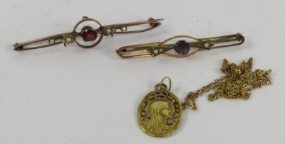 Two Edwardian yellow metal and seed pearl bar brooches
